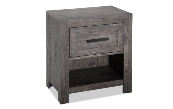 Calvin Gray Nightstand with Drawer from Calvin Bedroom collection, contemporary style, engineered wood grain, gray finish, felt-lined drawer, open shelf.