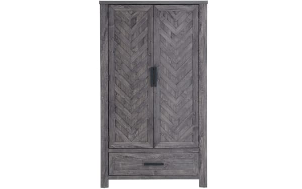Calvin Gray 2 Drawer Armoire in gray MDF and acacia veneers with chevron door design, transitional style, adjustable rod, and storage shelves.