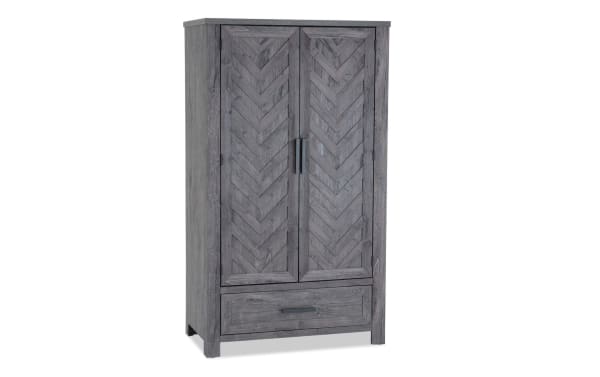 Calvin Gray 2 Drawer Armoire in gray MDF and acacia veneers, transitional style with chevron door design, adjustable rod, and moveable shelves.