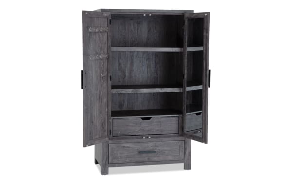 Calvin Gray 2 Drawer Armoire in transitional style with dark gray MDF and acacia veneers, featuring chevron door design, adjustable rod, shelves, and natural wood grain.