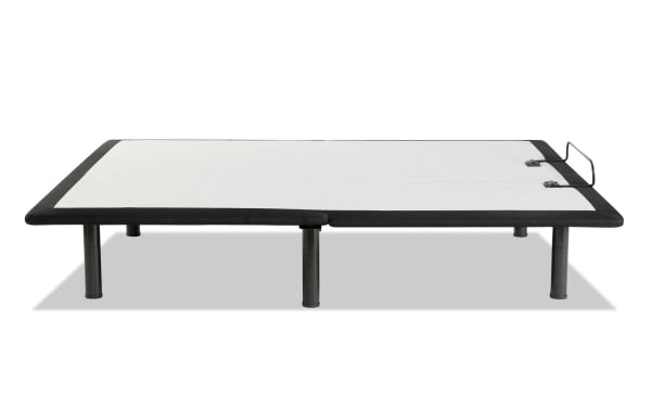 Power Bob Essential Queen Adjustable Base with black metal frame, white fabric platform, folding design, and wired remote for head elevation.