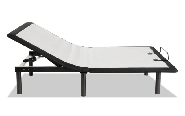 Power Bob Essential Queen Adjustable Base in black and gray fabric with metal frame, featuring adjustable head incline and folding design for platform or storage beds.