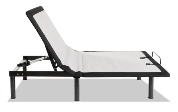 Power Bob Essential Queen Adjustable Base with black metal frame and gray fabric platform, featuring adjustable head incline and sturdy legs for ergonomic comfort.
