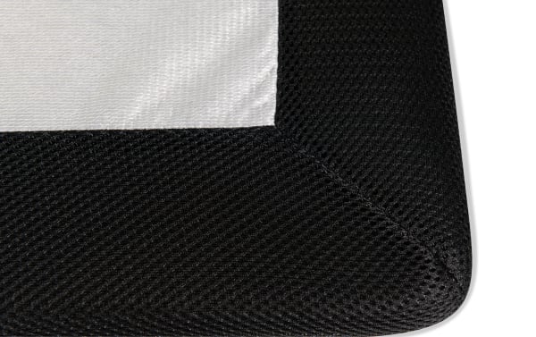 Close-up of the Power Bob Essential Queen Adjustable Base corner, featuring black breathable mesh fabric and reinforced stitching for durability and style.