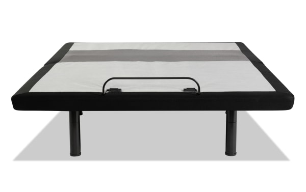 Power Bob Ultra King Adjustable Base with black metal frame and gray fabric surface, featuring sturdy black legs and a central handle for easy movement.