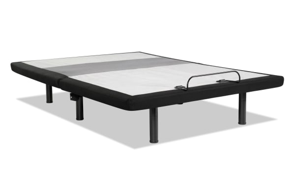 Power Bob Ultra King Adjustable Base in black and gray fabric with sturdy black legs, featuring a low-profile modern design for customizable comfort.