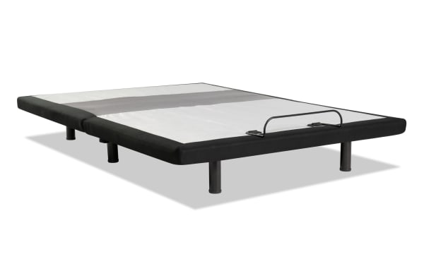 Power Bob Ultra King Adjustable Base in black and gray fabric with metal legs, featuring a low-profile design and under-bed lighting bar for customizable comfort and support.