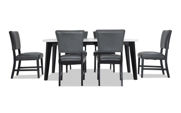 Elm 7 Piece Espresso, Marble & Gray Faux Leather Dining Set with marble tabletop, espresso MDF legs, and gray faux leather memory foam chairs in transitional style.