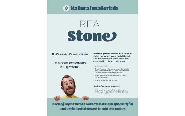 Natural materials guide explaining how to identify real stone by temperature and appearance, with care tips for granite, marble, bluestone, and slate surfaces.