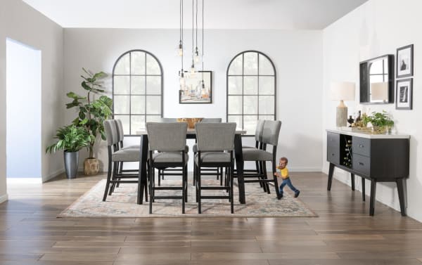 Elm 7 Piece Espresso, Marble & Gray Faux Leather Dining Set with marble tabletop, gray faux leather upholstery, and espresso wood frame in transitional style