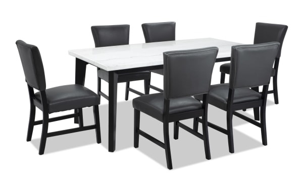 Elm 7 Piece Espresso, Marble & Gray Faux Leather Dining Set with marble tabletop, gray faux leather upholstery, and espresso wood frame in transitional style.