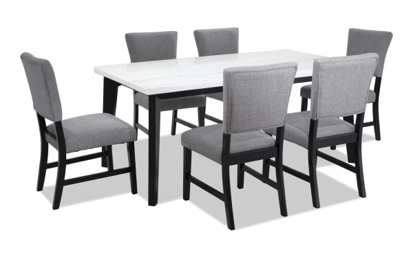 Elm 7 Piece Dining Set with light gray polyester fabric upholstered chairs, black wood legs, and a white marble MDF tabletop, transitional style.