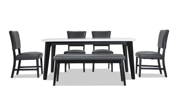 Elm 6 Piece Espresso, Marble & Gray Faux Leather Dining Set with Bench, featuring a marble top table, gray faux leather upholstery, and transitional style.