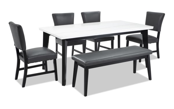 Elm 6 Piece Espresso, Marble & Gray Faux Leather Dining Set with Bench featuring a white marble tabletop, gray faux leather upholstery, and espresso-finished wood frame in transitional style.