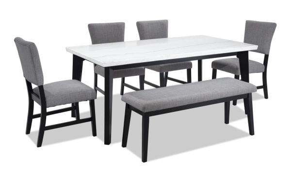 Elm 6 Piece Transitional Dining Set with light gray polyester upholstered chairs and bench, black wood legs, and white marble MDF tabletop.