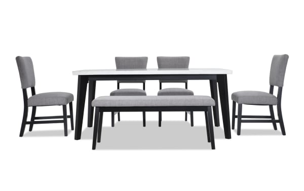 Elm 6 Piece Espresso, Marble & Light Gray Upholstered Dining Set with Bench featuring a marble tabletop, light gray polyester fabric seats, espresso wood frame, and transitional style.