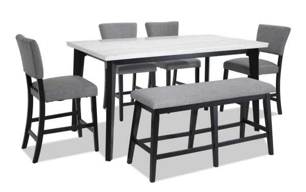 Elm 6 Piece Espresso, Marble & Light Gray Upholstered Counter Height Dining Set with Bench featuring a marble tabletop, gray polyester fabric seating, and espresso wood frame in transitional style.
