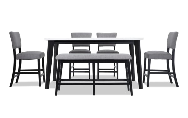 Elm 6 Piece Espresso, Marble & Light Gray Upholstered Counter Height Dining Set with Bench, featuring a marble tabletop, espresso wood frame, and plush polyester fabric seats in transitional style.