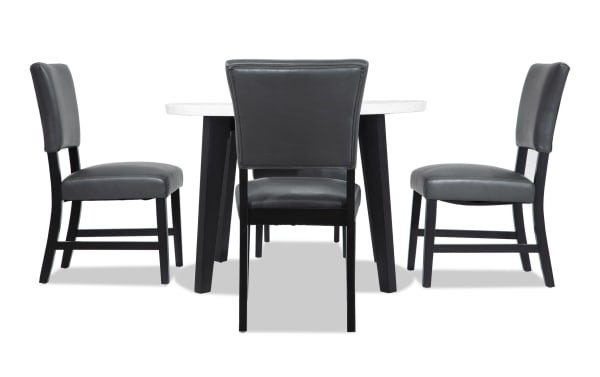 Elm 5 Piece Espresso, Marble & Gray Faux Leather Round Dining Set with gray faux leather chairs, marble tabletop, and espresso-finished MDF legs in transitional style.