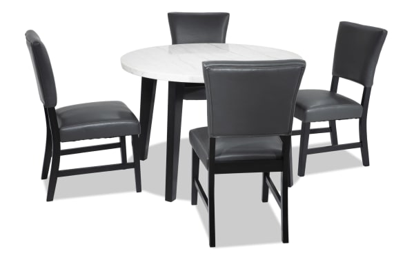 Elm 5 Piece Espresso, Marble & Gray Faux Leather Round Dining Set with marble tabletop, gray faux leather upholstery, and transitional style chairs.