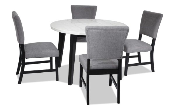 Elm 5 Piece Espresso, Marble & Light Gray Upholstered Round Dining Set with plush polyester fabric chairs, marble tabletop, and espresso wood legs in transitional style.