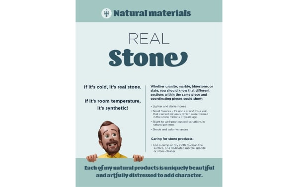 Natural materials guide explaining how to identify real stone by temperature, patterns, and fissures, with care tips for marble, granite, bluestone, and slate surfaces.