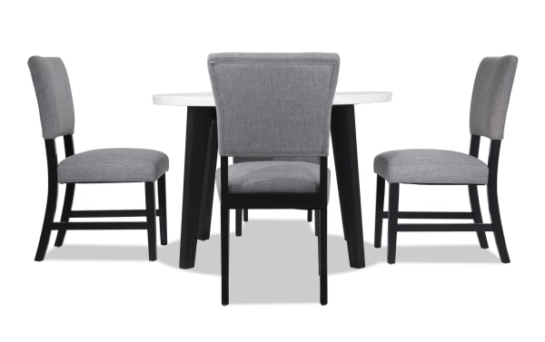 Elm 5 Piece Espresso, Marble & Light Gray Upholstered Round Dining Set with plush polyester fabric chairs, marble tabletop, and transitional style.