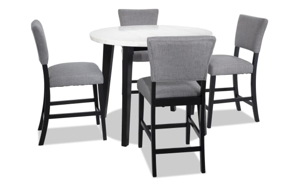 Transitional Elm 5 Piece Dining Set with round white marble tabletop, light gray polyester fabric upholstered chairs, and espresso MDF frame.