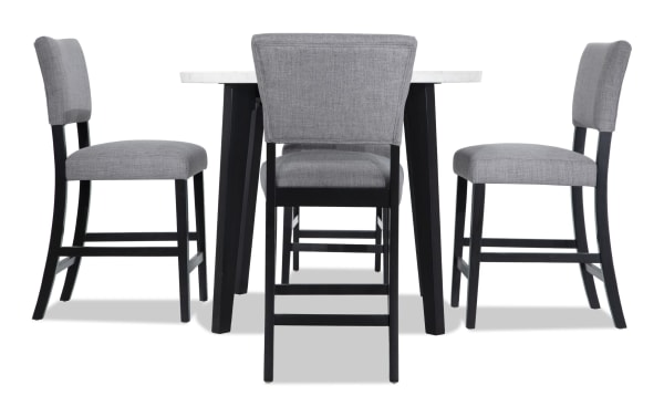 Elm 5 Piece Espresso, Marble & Light Gray Upholstered Round Counter Height Dining Set with plush polyester fabric seats, marble tabletop, and transitional style.