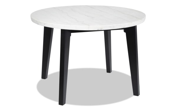 Round Elm Espresso & Marble Dining Table with white marble top and sturdy dark espresso wooden legs, transitional style, Elm Dining collection.