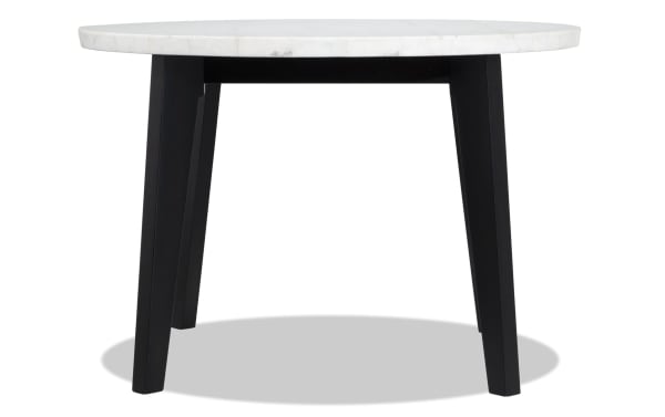 Elm Espresso & Marble Round Dining Table with white marble top and black MDF legs, transitional style from Elm Dining collection, durable and elegant.
