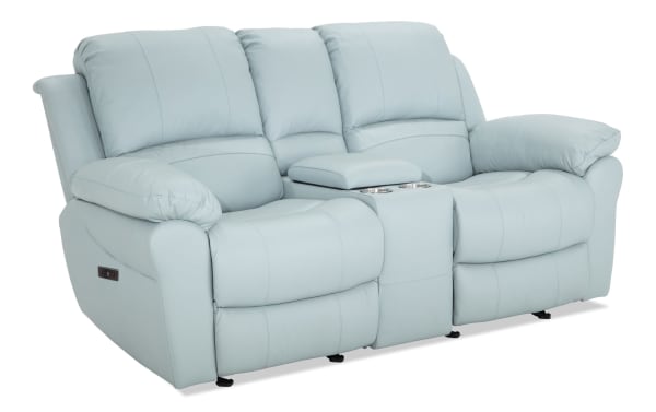 Storm Aqua Leather 76'' Power Console Loveseat with USB Port
