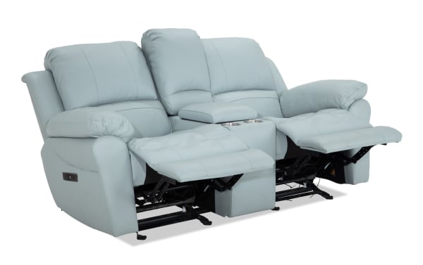 Storm Aqua Leather 76'' Power Console Loveseat with USB Port