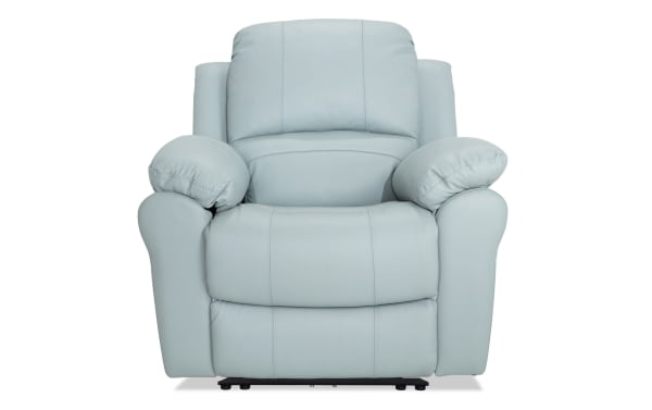 Storm Aqua Leather Power Recliner in blue transitional style, featuring plush leather upholstery, memory foam cushions, and built-in USB port for charging.