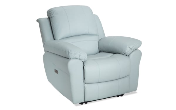 Storm Aqua Leather Power Recliner in blue transitional style with plush leather upholstery, memory foam cushions, power recline, and USB charging port.