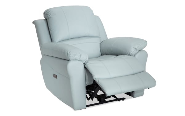 Storm Aqua Leather Power Recliner in blue with transitional style, featuring 100% leather upholstery, memory foam cushions, power recline, and USB port for charging.