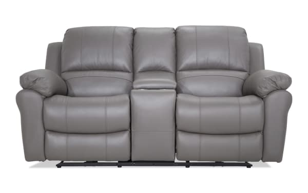 Storm Gray Leather 76'' Power Console Loveseat in gray transitional style with USB port, memory foam cushions, and storage console.