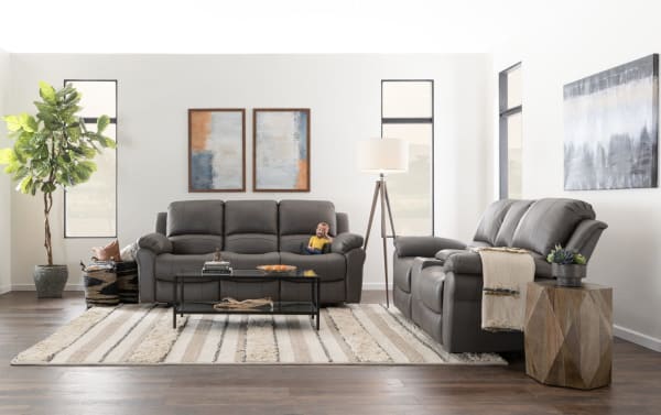 Storm Gray Leather 76'' Power Console Loveseat with USB Port in transitional style, gray leather upholstery, memory foam cushions, and built-in storage console.