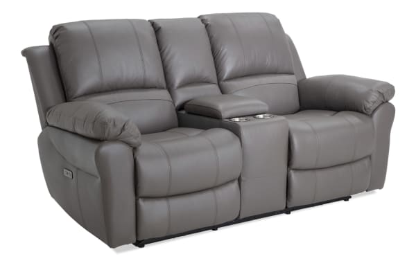 Storm Gray Leather 76'' Power Console Loveseat with USB port, gray transitional style, 100% leather upholstery, memory foam cushions, reclining seats, and storage console.