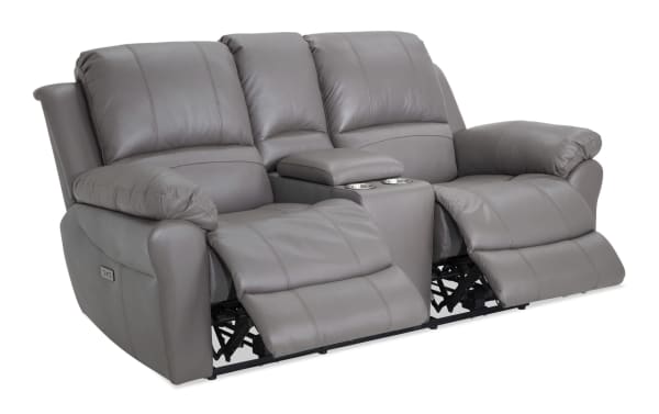 Storm Gray Leather 76'' Power Console Loveseat in gray transitional style with 100% leather, memory foam cushions, dual recliners, USB port, and storage console.