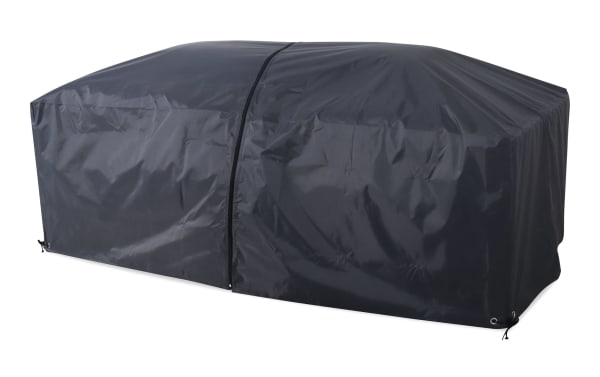 Gray Dream Outdoor expandable patio furniture cover made of durable, weather-resistant polyester fabric with breathable mesh sides and zipper closure.