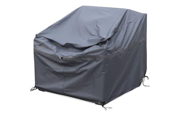 Gray polyester fabric expandable outdoor chair cover from Laurel Outdoor collection, weather-resistant with adjustable zipper for patio furniture protection.