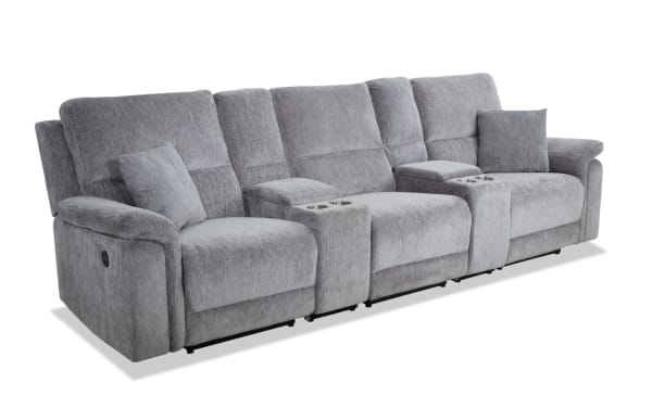 Renegade Gray 130'' power reclining sofa in gray polyester fabric, transitional style with plush pillows, padded arms, dual cupholder consoles, USB ports, and hidden storage.