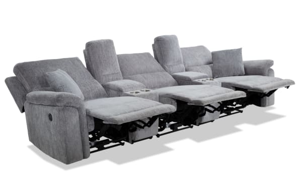 Renegade Gray 130'' transitional power reclining sofa in gray polyester fabric with USB ports, cupholders, hidden storage, plush pillows, and padded arms.