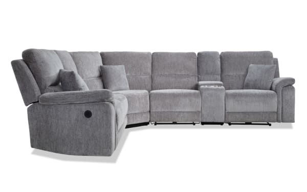 Renegade Gray 125'' power reclining 6-piece sectional in gray polyester fabric with plush pillows, padded arms, USB ports, cupholders, and hidden storage.