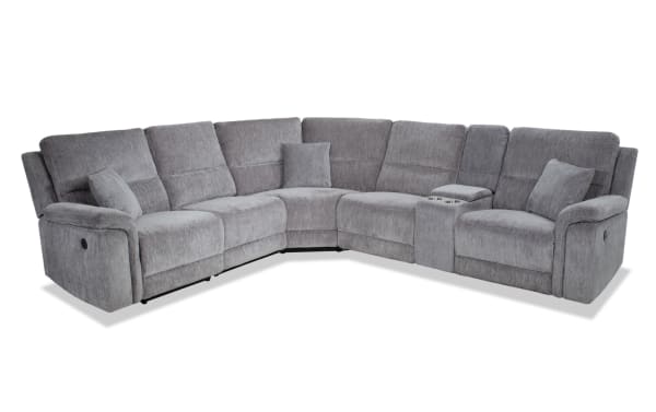 Renegade Gray 125'' power reclining 6-piece sectional in gray polyester fabric with plush pillows, padded arms, USB ports, cupholder consoles, and hidden storage.