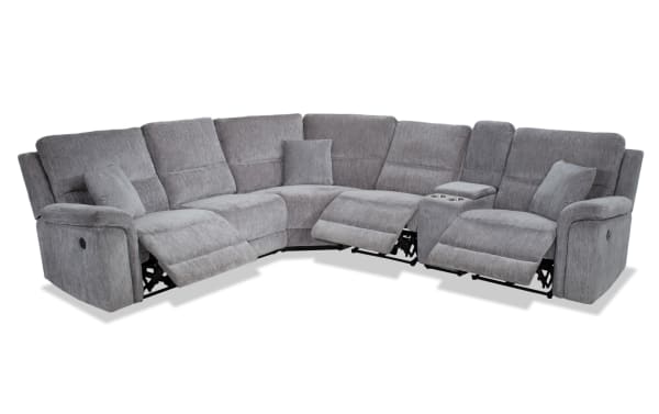 Renegade Gray 125'' Power Reclining 6 Piece Sectional in gray polyester fabric with plush pillows, padded arms, USB ports, cupholders, and hidden storage.