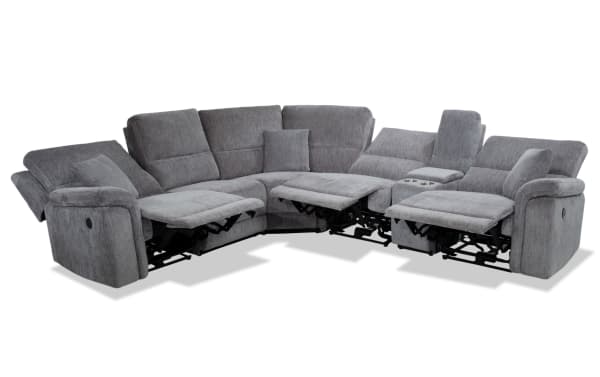 Renegade Gray 125" transitional 6-piece fabric polyester sectional with power recliners, USB ports, cupholders, hidden storage, and plush pillows.