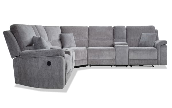 Renegade Gray 145'' power reclining 7-piece sectional in gray polyester fabric with plush pillows, padded arms, USB ports, cupholders, and storage.