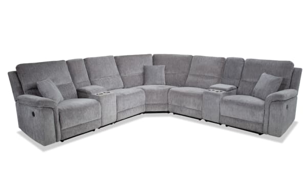 Renegade Gray 145'' power reclining 7-piece sectional in gray polyester fabric, transitional style with plush pillows, padded arms, USB ports, cupholders, and hidden storage.